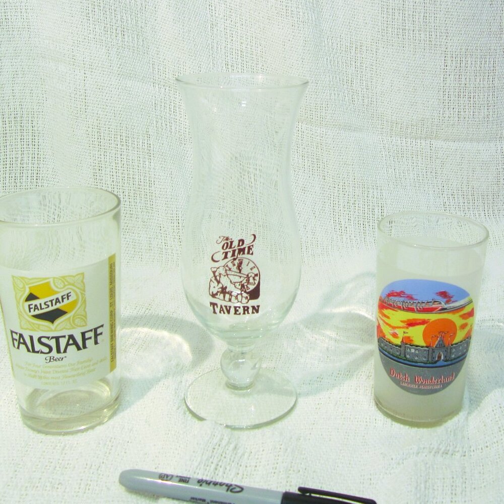 VTG SET OF 3 SOUVENIR BAR GLASSES, FALSTAFF BEER, OLD TIME TAVERN, DUTCH WONDERL